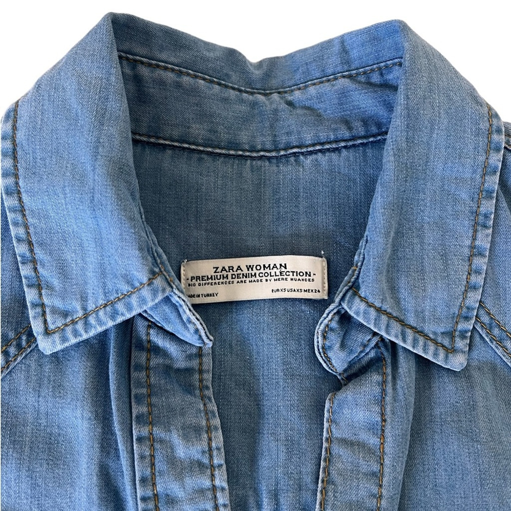 Zara Snap Button Down V-Neck Chambray Long Sleeve Shirt Size XS - Picture 3 of 3
